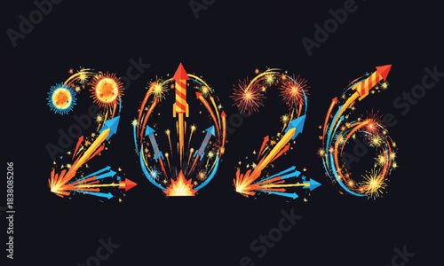 Vibrant Fireworks Display Illuminating the Year 2026 with Festive Sparkle and Explosive Celebration