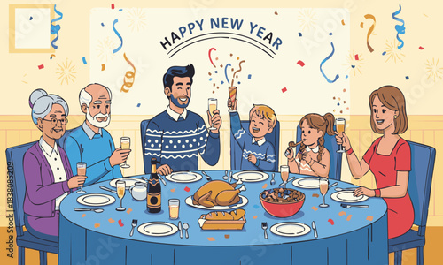Joyful multi-generational family celebrating New Year's Eve with a festive dinner and toasts