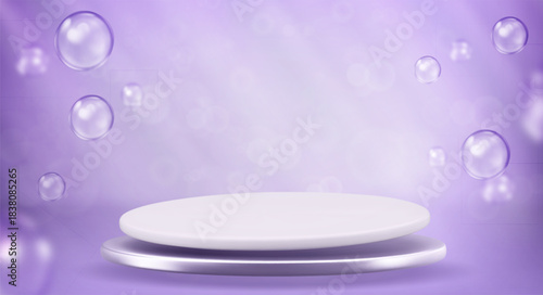 Podium with air bubbles spheres on blue aqua background. Empty platform with liquid balls or drops for display product. Realistic 3d illustration