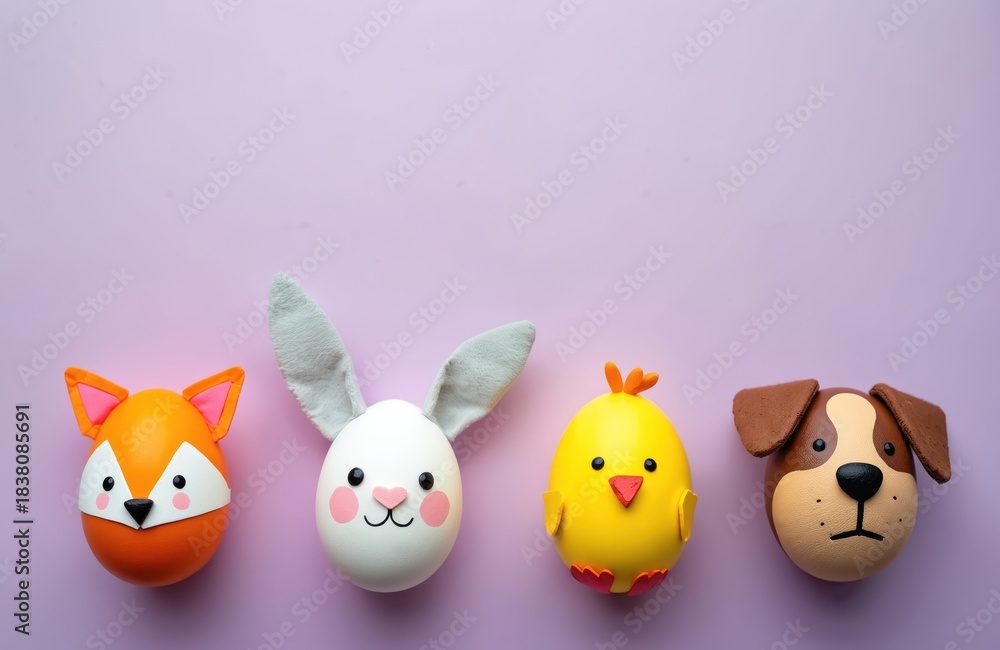 Obraz premium Handmade Easter eggs shaped like animals. Fox rabbit chick and dog eggs. Holiday concept on purple background. Creative art decoration for Easter celebration. Top view photo with copy space