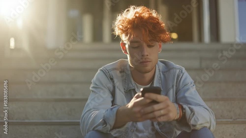 Connected Moments: Young Man Using Phone on University Steps