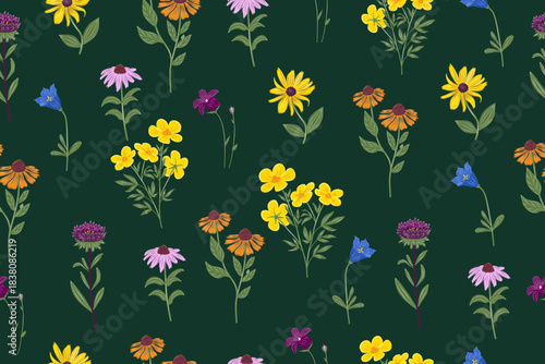 Floral vector seamless pattern with meadow and wild flowers. Hand-drawn botanical illustration, perfect for fabric textile design and backgrounds.