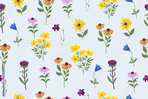 Floral vector seamless pattern with meadow and wild flowers. Hand-drawn botanical background, perfect for fabric textile design.
