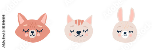 Cute animal faces vector set with adorable cartoon characters. Bear, dog, elephant heads for kids design. Perfect for nursery decoration, baby shower, birthday party prints. Vector illustration