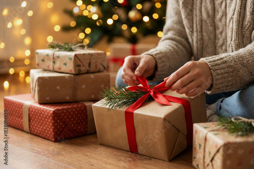 Hands tying red ribbon bow on craft paper gift box with blurred Christmas tree background