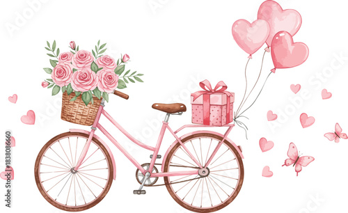 Pink bicycle with roses, gift box, and heart balloons, symbolizing love and celebration