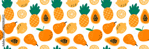 Seamless pattern with cute cartoon fruits, with lemons, oranges, papayas, pear. Perfect for kids textile, baby wallpaper, or summer fashion prints. Yellow and green vector illustration