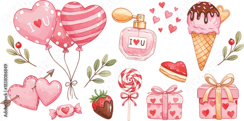 Vector set illustration of sweet dessert food icons for Easter, Valentine's Day, wedding, and birthday celebrations, featuring flowers, heart, eggs, cake, and candy