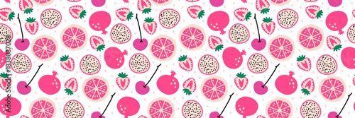 Seamless fruity pattern with pink strawberries, cherries, grapefruits, pomegranates, and tropical slices. Bright playful background perfect for textiles, packaging, wrapping paper, and summer designs