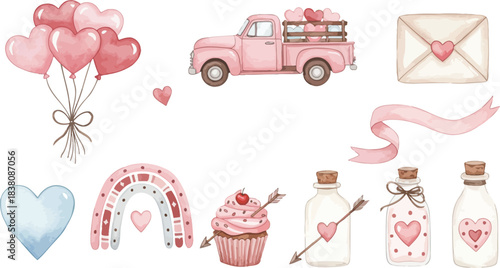 Wedding vector icon set: cartoon car, cake, gifts, love hearts, and holiday decoration collection design illustration