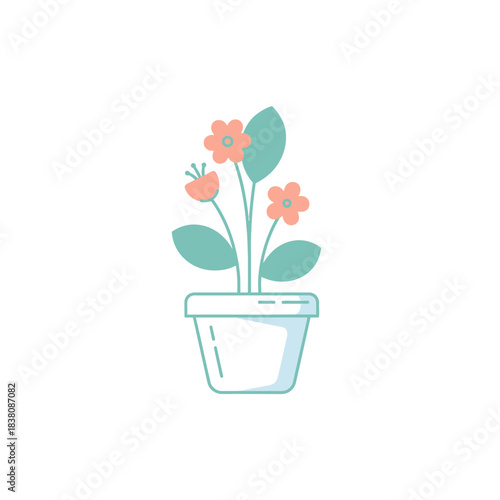 Stylized potted plant illustration with delicate orange blooms and soothing aqua foliage serene