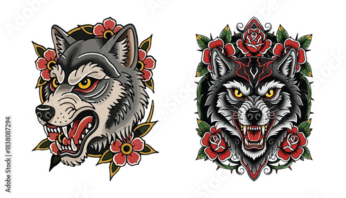 Bold wolf head tattoo design with roses in traditional vintage style is ready for your project