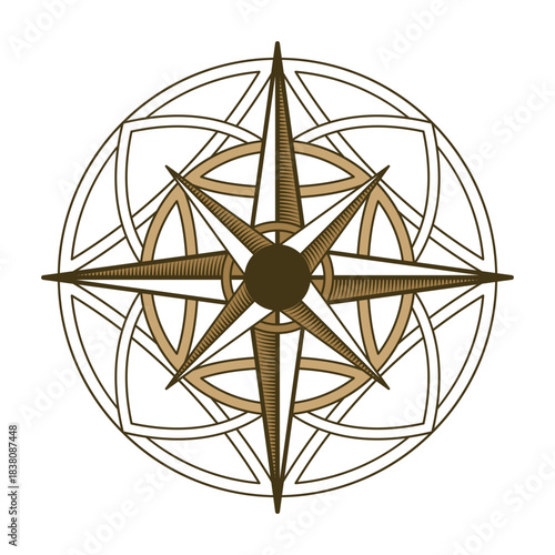 Retro nautical compass. Hand drawn wind rose. Old vector design element for marine theme and heraldry. Vintage rose of wind for sea marine navigation