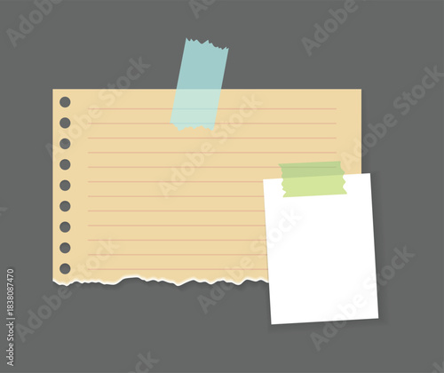 Paper notes stickers. Place for memo messages on paper sheets. Attached with sticky colorful tape on grey background isolated vector illustration