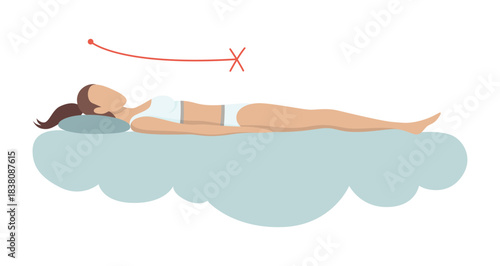 Incorrect sleeping body posture. Not healthy sleeping position spine in various mattresses and pillow. Caring for health of back, neck. Vector illustration