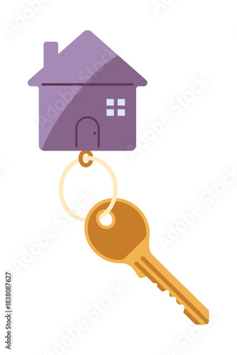 Door keys keyfob. Ring with trinket, keychains plastic tag hanging on keyring. House, apartment or room locking accessories. Cartoon flat vector isolated on white background