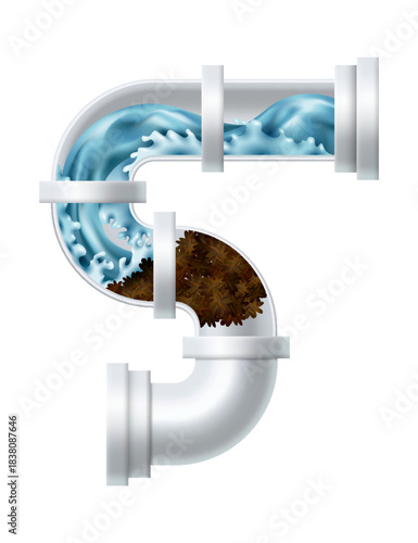 Clogged pipe drain and cleanser bottle. Canalization tube with water splash. Plumbing clog repair. Drain pipe clogged with mud