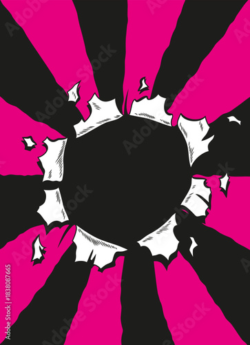 Comic book hole. Vector paper is torn through boom explosion. Circle hole in the middle on color background. Comic style cover template or flyer wallpapers