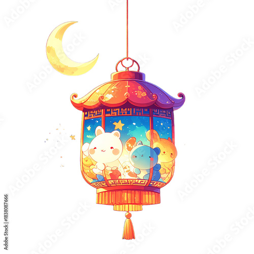 Chinese Lantern with Cat and Moon Cartoon Night.