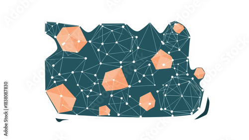 Abstract geometric shapes network pattern teal orange and white interconnected dots and lines cluster forming a digital constellation for technology concepts clean design
