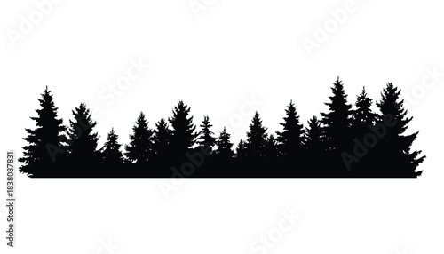 Fir trees silhouette. Coniferous spruce horizontal background pattern, black evergreen woods vector illustration. Beautiful hand drawn panorama of coniferous forest
