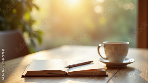 Open blank notebook with pen and white coffee cup on wooden table bathed in warm morning sunlight near window with soft bokeh and green plant, concept of journaling, productivity, mindful morning