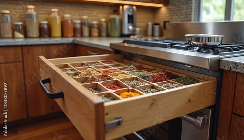 Fototapeta Naklejka Na Ścianę i Meble -  Kitchen spice drawer with many compartments filled with colorful herbs and spices. Wooden cabinet storage neatly organizes seasoning collection. Culinary supplies ready for cooking.