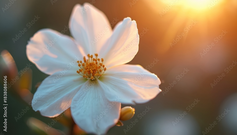 Fototapeta premium White jasmine flower glows in warm sunset light. Delicate petals unfold, revealing golden stamen. Soft bokeh background adds peaceful serene mood. Gentle floral beauty.