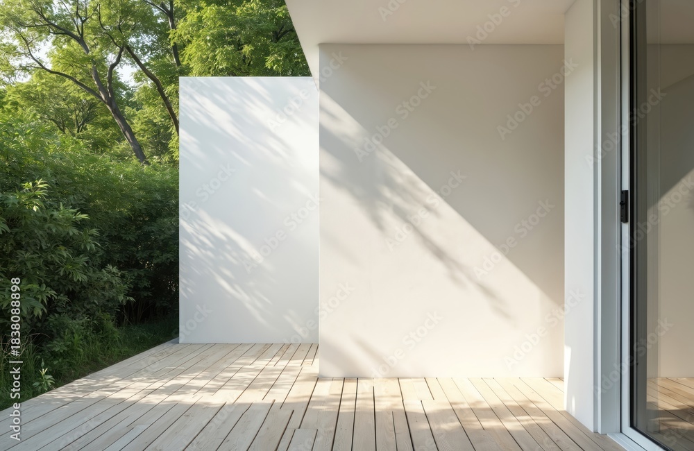 Fototapeta premium Modern minimalist patio with wooden deck, white wall overlooking rich green trees. Sunlight casts dappled shadows on clean exterior space. Inviting outdoor area perfect for relaxation, quiet