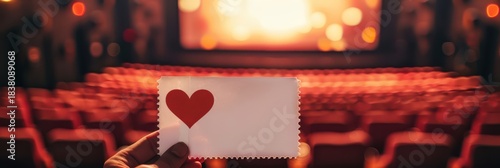 Romantic cinema experience on valentine day with heart symbol in theater. Horizontal banner. Copy space. Mock-up, template for cinema or theatre. White card with heart in hand, cinema background