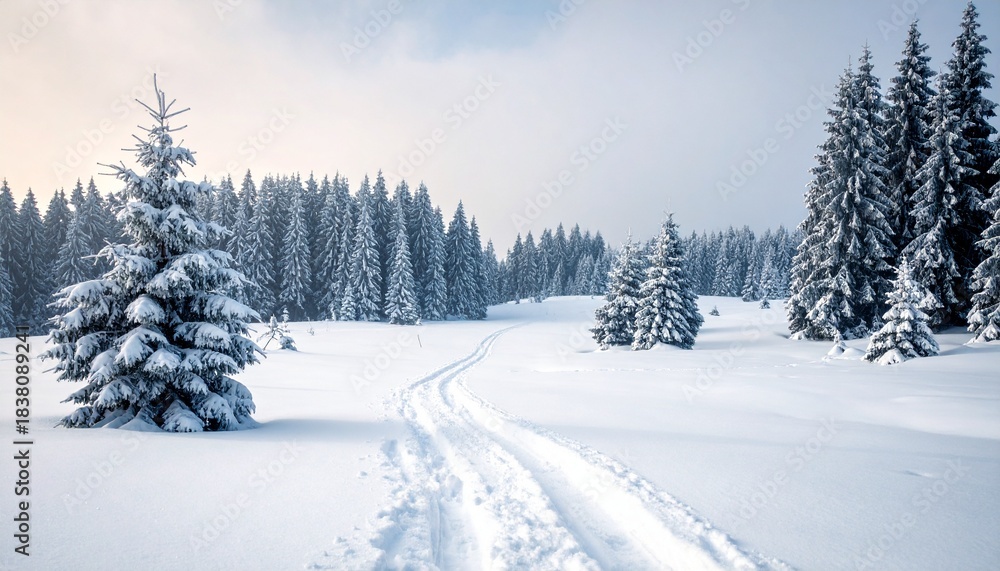 Fototapeta premium Snow-covered landscape with trees and a path through a winter forest in the early morning light