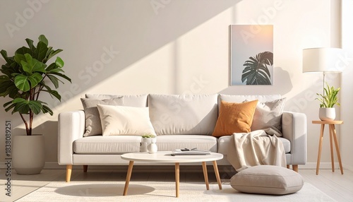Modern living room with comfortable furniture and plants during afternoon sunlight