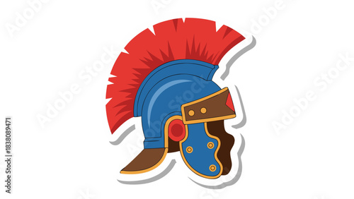 Ancient Roman Centurion Helmet Blue With Red Plume And Brown Leather Accents Isolated On Black Background Vector Illustration