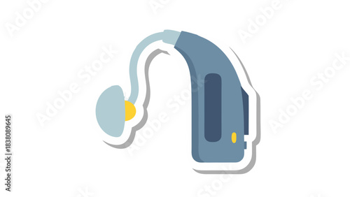 Blue And Gray Behind The Ear Hearing Aid Device With Clear Earbud and Cable Isolated On Black Background Flat Design Style