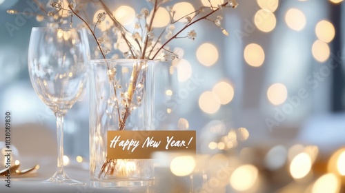 Festive new year celebration with champagne and gift decor amidst glowing lights