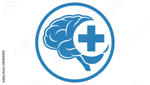 Blue Brain Icon With Plus Sign And Circle Outline Representing Medical Health And Intelligence Concepts