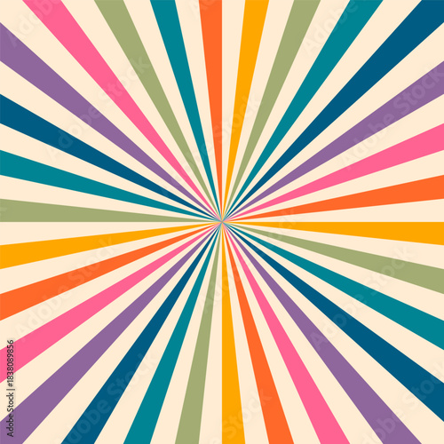 Swirl retro starburst background, groovy spiral candy pattern. Carnival radial rainbow print, abstract funky bg. Disco striped rays poster, wave twist line grunge effect wallpaper. Vector illustration