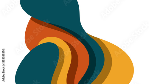 Abstract Wavy Shapes in Teal Orange and Yellow Against Black Background with Soft Shadows Creating Depth and Movement