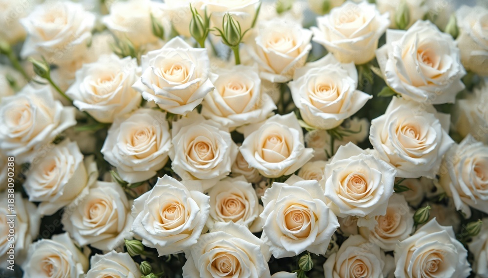 Fototapeta premium Abundant cream white rose flowers form a lush romantic backdrop perfect for weddings and celebrations. Soft petals create elegant floral arrangements suitable for cards and decor. Pure beauty.