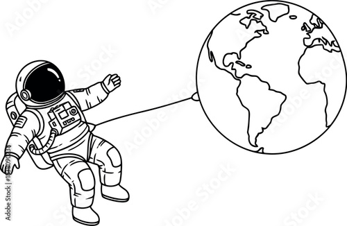 Astronaut tethered to earth in a minimalist line drawing