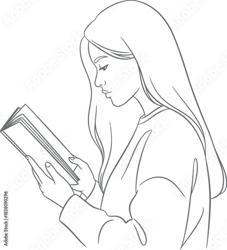Young woman reading a book with long hair sketch