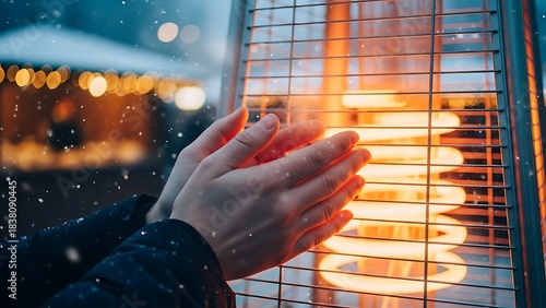 A person warms their hands by a glowing patio heater during a snowy winter evening