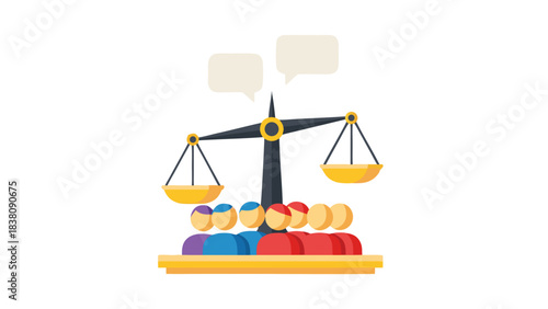 Abstract Representation of Legal Justice with Scales of Justice and Diverse Group of People Underneath Representing Community Discussion and Debate Over Societal Issues Illuminated by Soft Light on