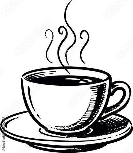 Steaming hot coffee in a hand drawn sketch cup and saucer