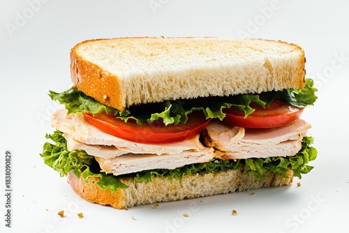 Delicious turkey sandwich with tomato and lettuce on a white background in minimal style