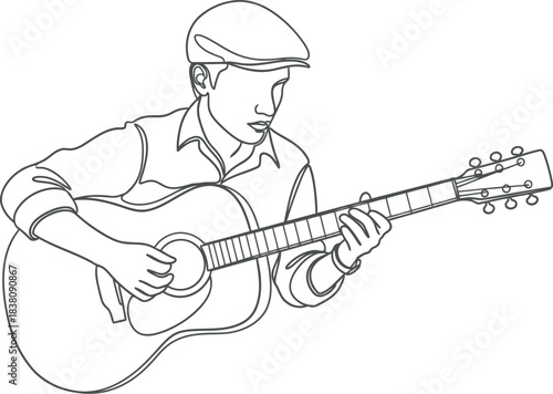Man in flat cap playing an acoustic guitar with focus