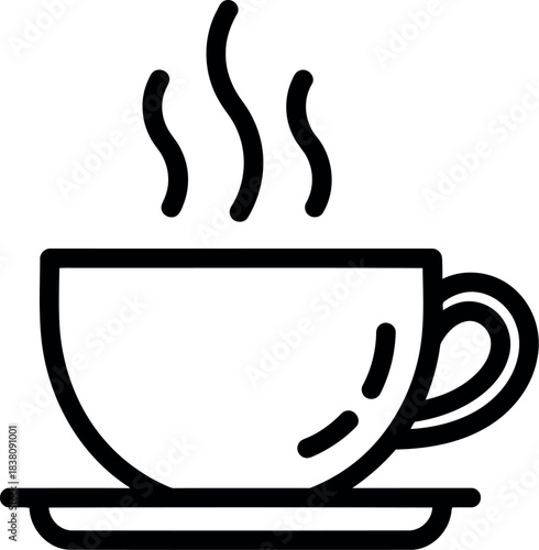 Simple line art of a steaming coffee cup on a saucer