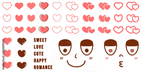 漫画風のハートのイラストセット。好き、可愛い、キュート、愛、ロマンス、推し。ハッピーな感情