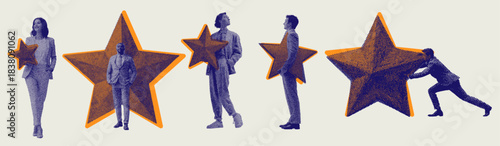 Halftone graphic collage of business person with large star representing quality service and customer review