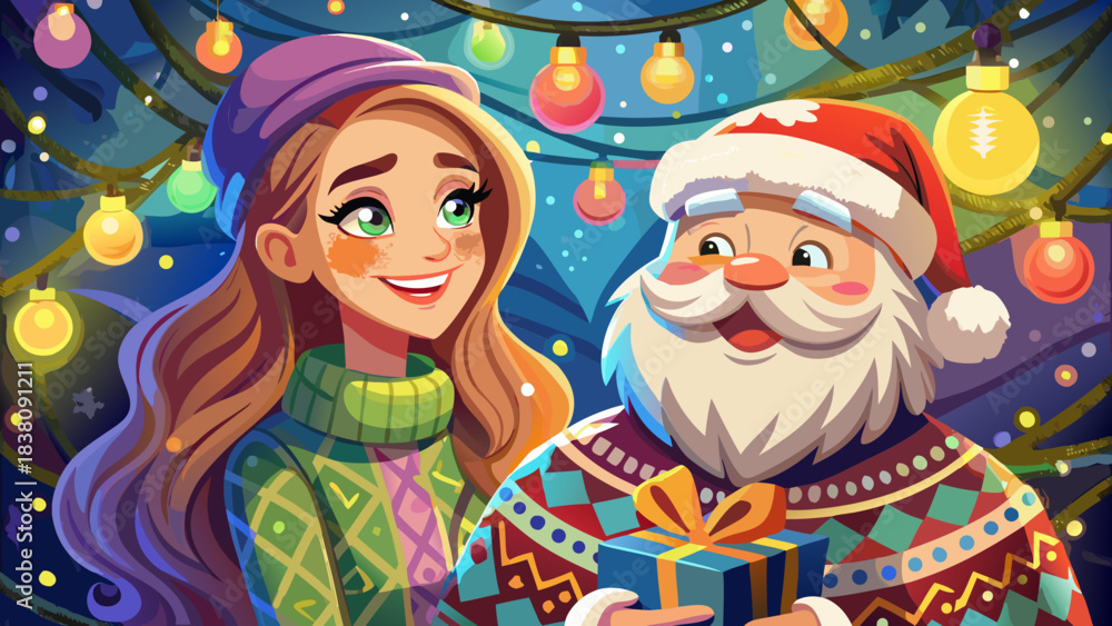 Naklejka premium Very beautiful close-up portrait of a smiling woman in a colorful winter sweater as Santa Claus stands beside her, gently handing her a wrapped Christmas gift under soft festive lights. 